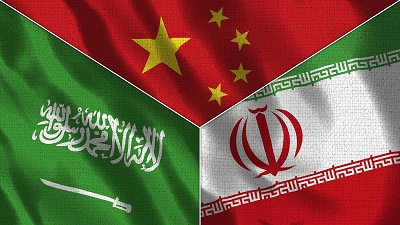 The flags of Iran, Saudi Arabia and China put together in one frame